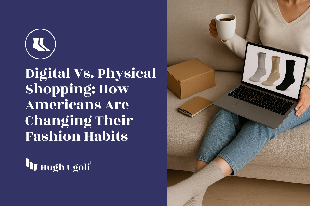 Woman wearing beige socks while shopping online for socks on a laptop, surrounded by packaging boxes — illustrating the shift from physical to digital fashion retail.